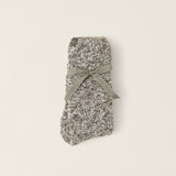 Folded Barefoot Dreams CozyChic heathered crew socks in olive branch and white, ultra-soft fiber, available at Be Charmed.