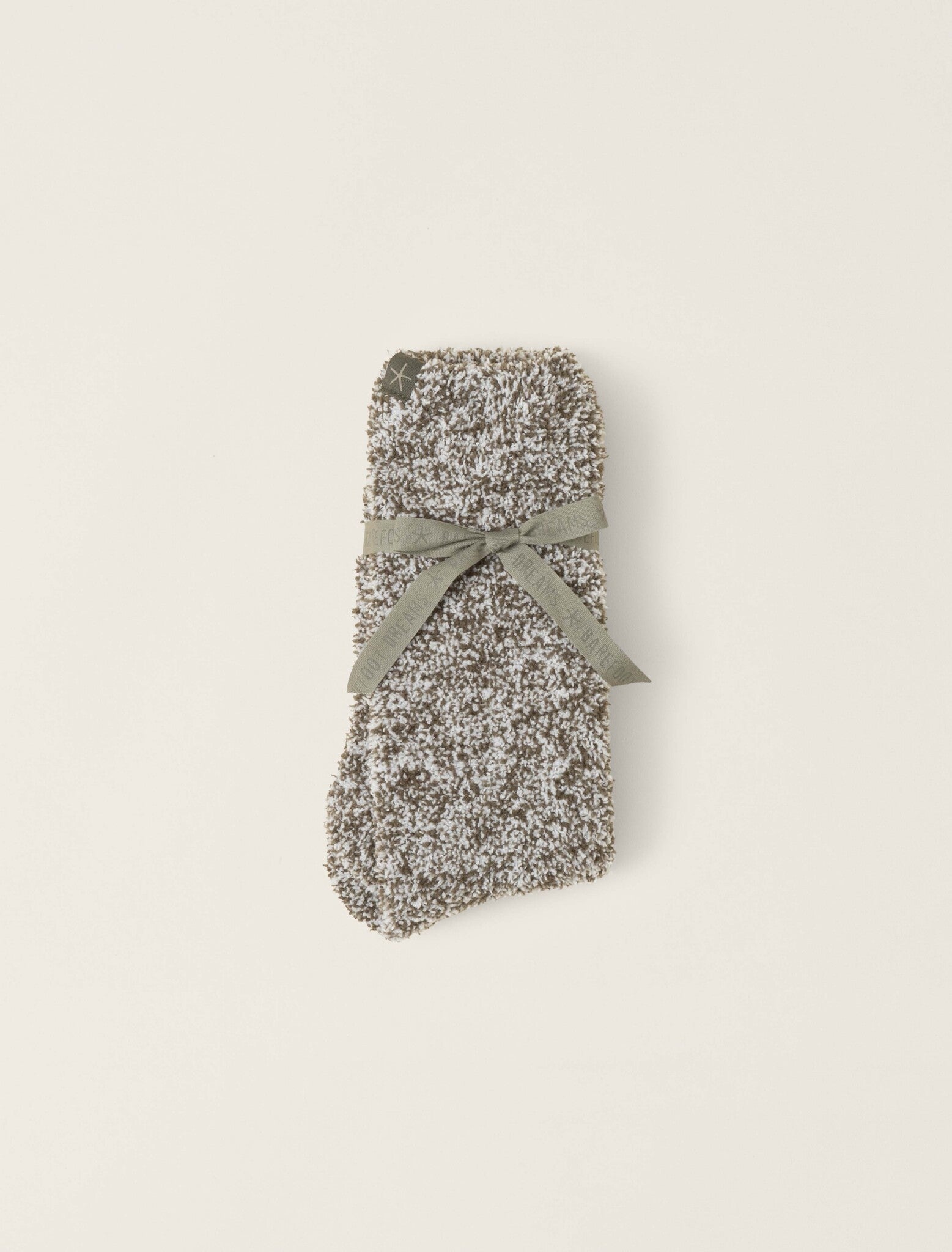 Folded Barefoot Dreams CozyChic heathered crew socks in olive branch and white, ultra-soft fiber, available at Be Charmed.