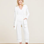 Barefoot Dreams CozyChic Lite Contrast Stitch Cardigan in pearl/carbon with contrast rib detailing and patch pockets, available at Be Charmed.