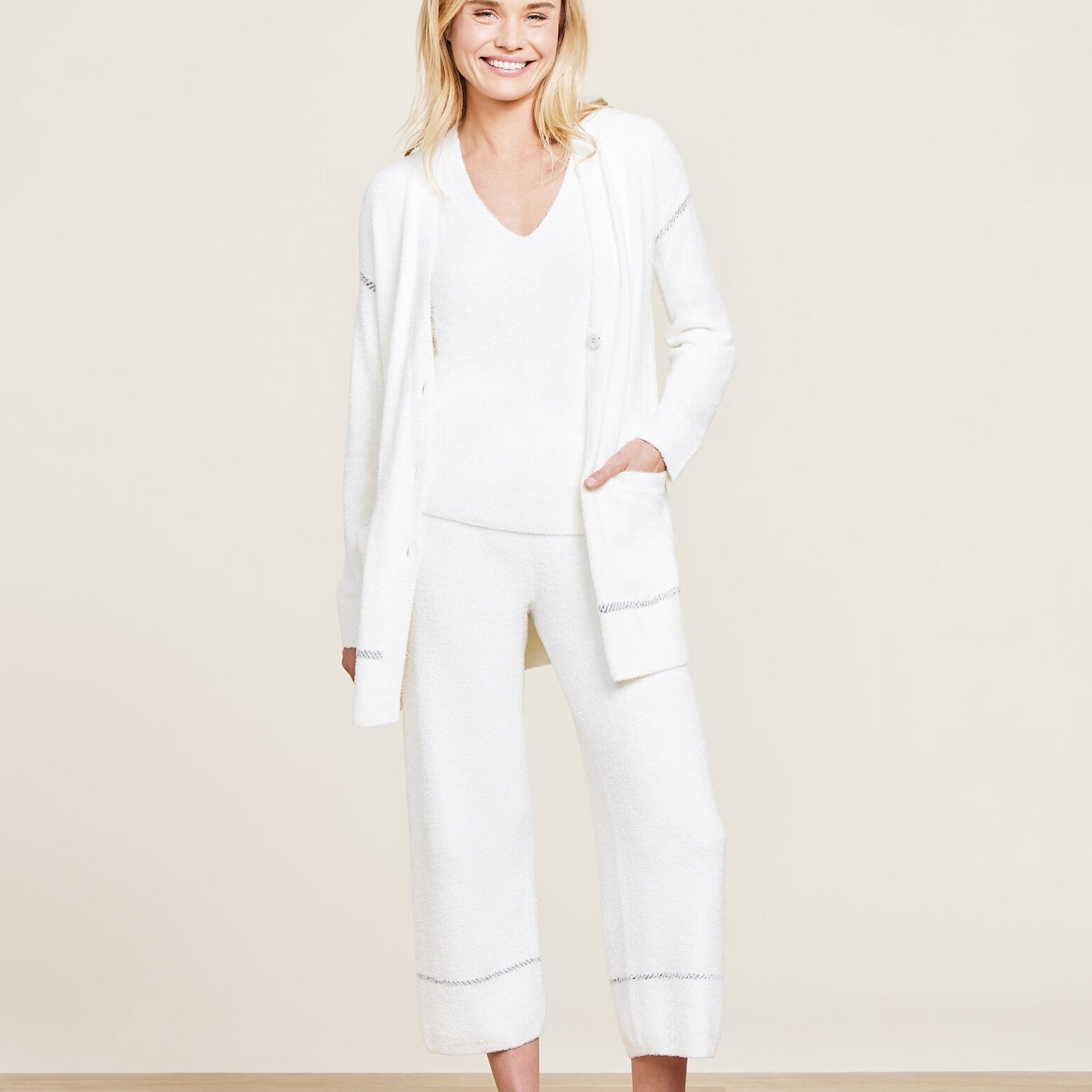 Barefoot Dreams CozyChic Lite Contrast Stitch Cardigan in pearl/carbon with contrast rib detailing and patch pockets, available at Be Charmed.