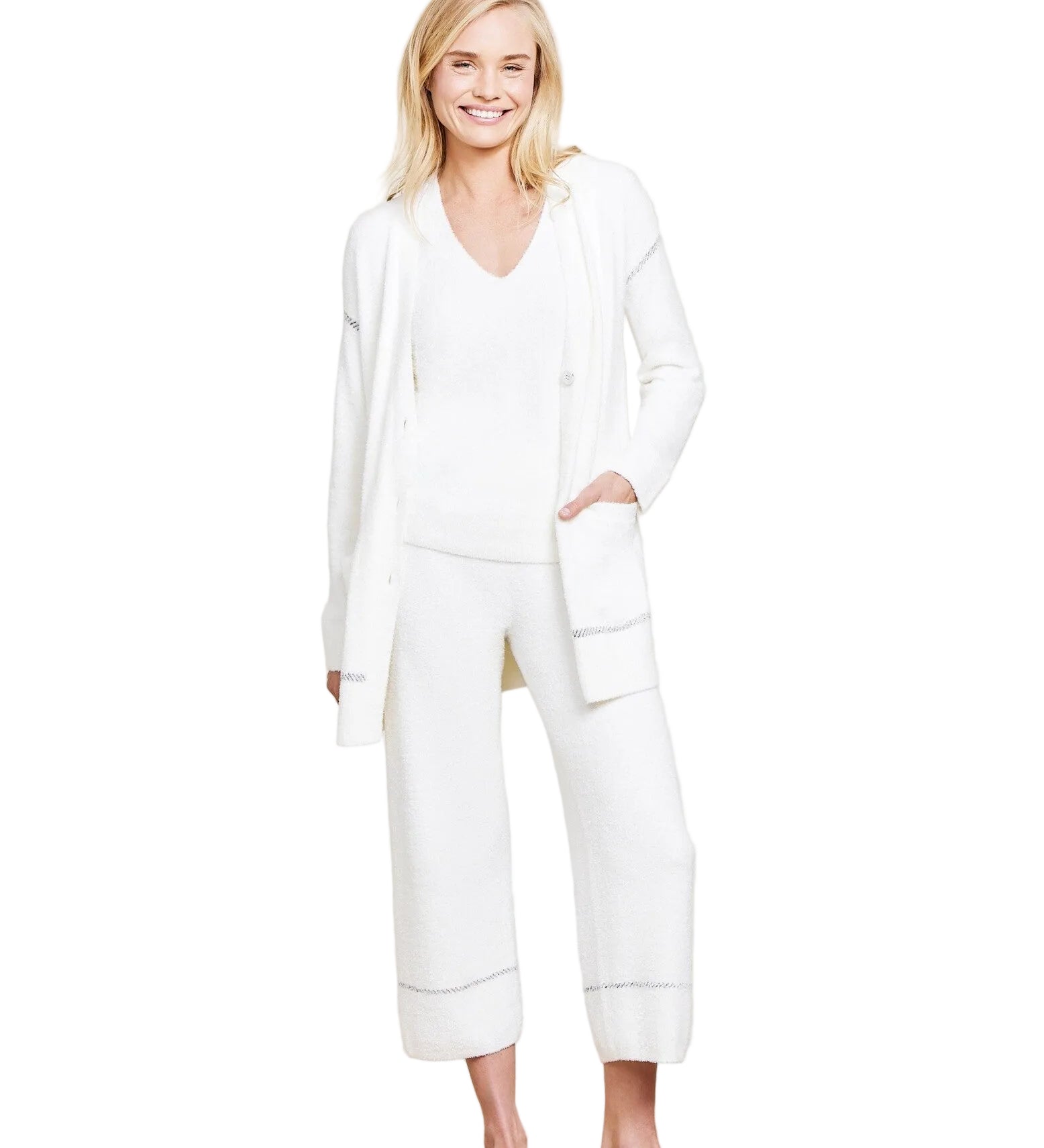 Barefoot Dreams CozyChic Lite Contrast Stitch Cardigan in pearl/carbon with contrast rib detailing and patch pockets, available at Be Charmed.