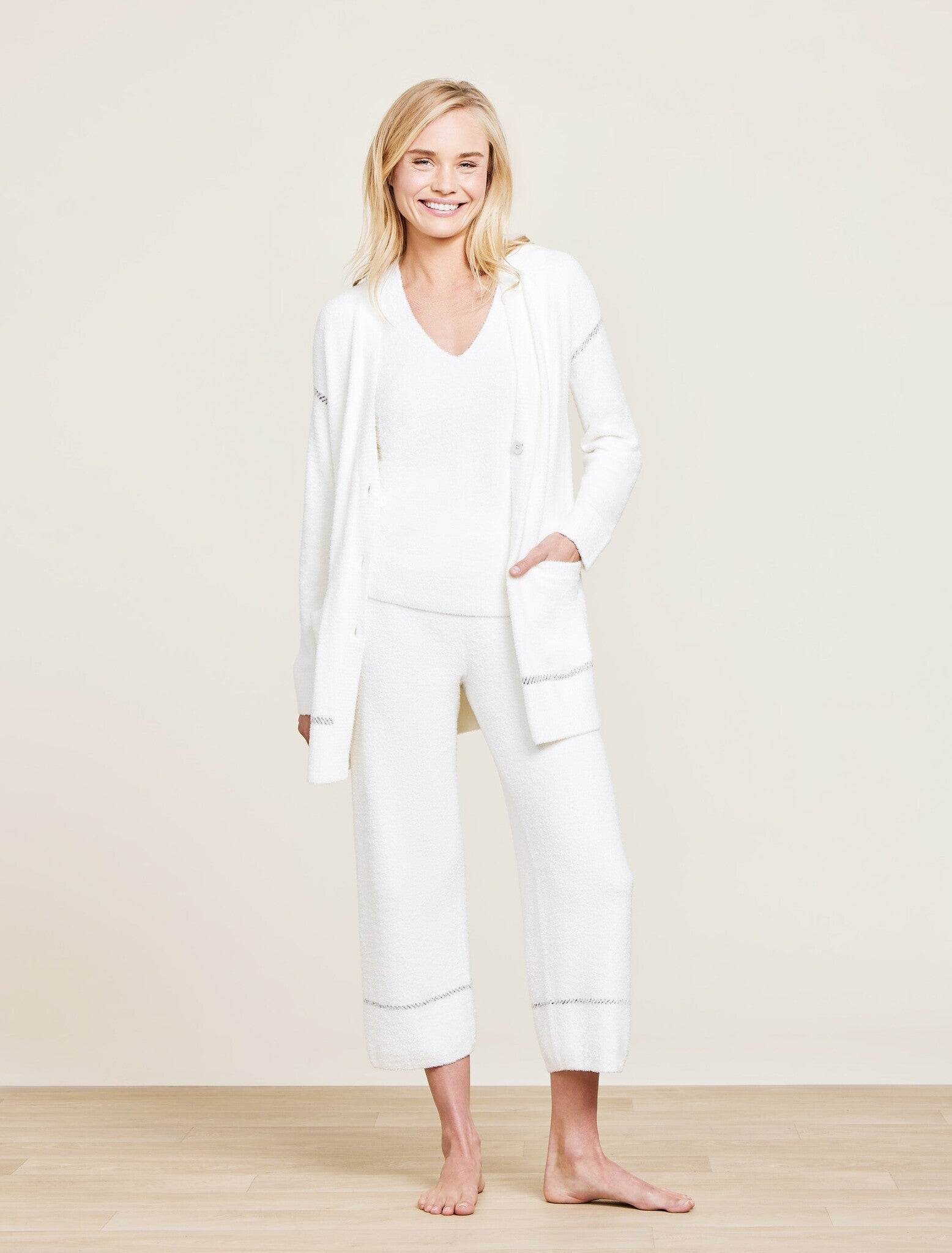 Barefoot Dreams CozyChic Lite Contrast Stitch Cardigan in pearl/carbon with contrast rib detailing and patch pockets, available at Be Charmed.