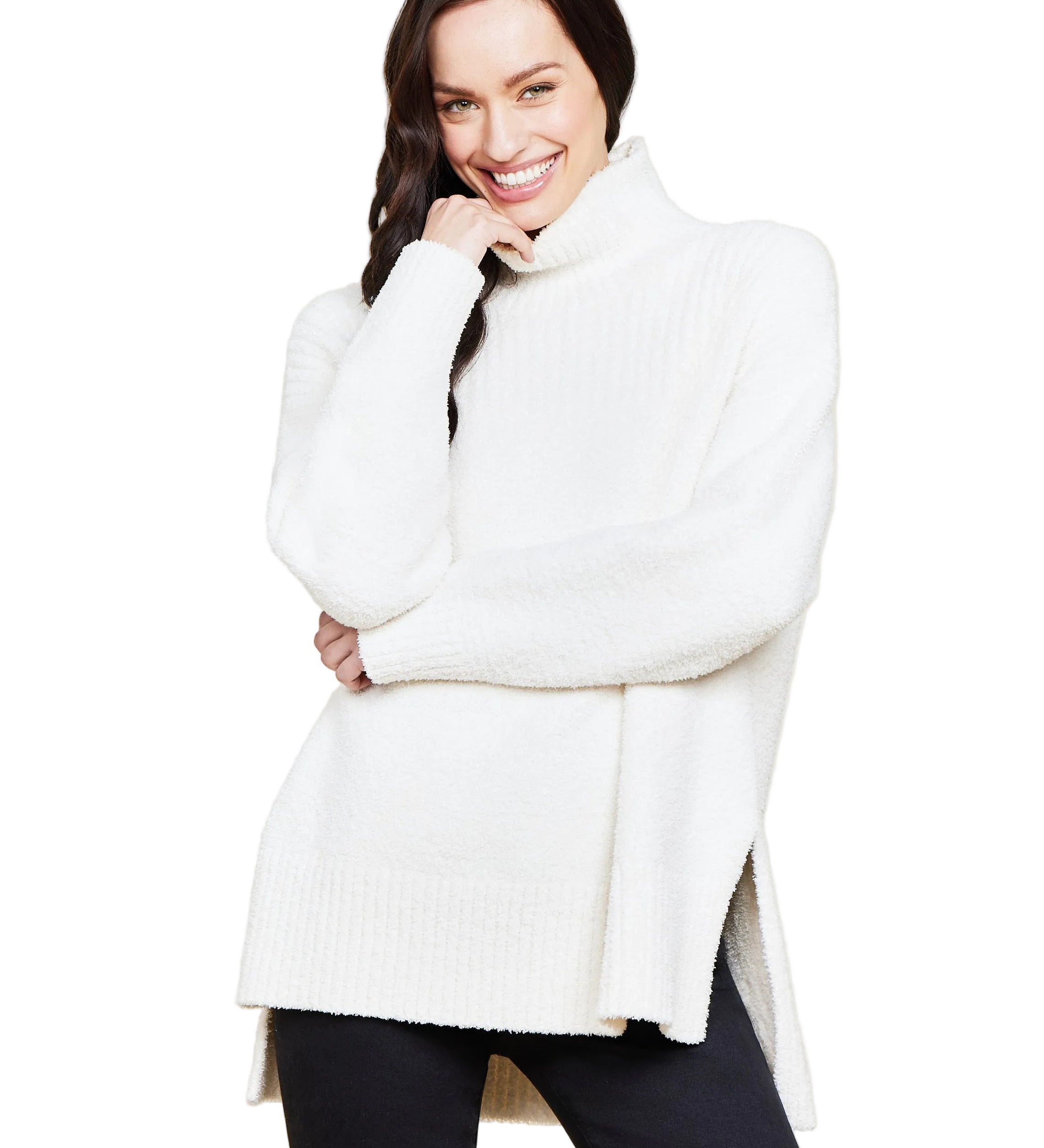 Cream Barefoot Dreams CozyChic High Low Pullover in soft microfiber with ribbed neck and hi-lo hem, available at Be Charmed.