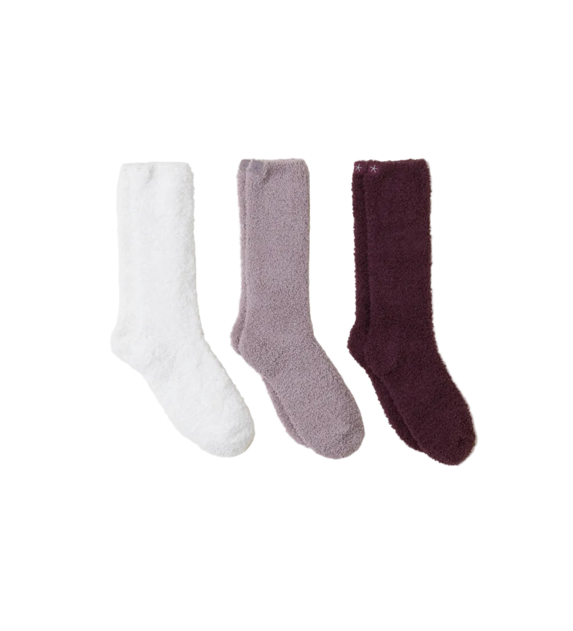 Barefoot Dreams CozyChic 3‑Pair Sock Set in fig multi colors, luxurious plush microfiber, packaged in gift box, available at Be Charmed.