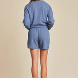 Back view of Barefoot Dreams Malibu Collection slub double-knit short in Lakeside blue, elastic waist and side pockets, available at Be Charmed.
