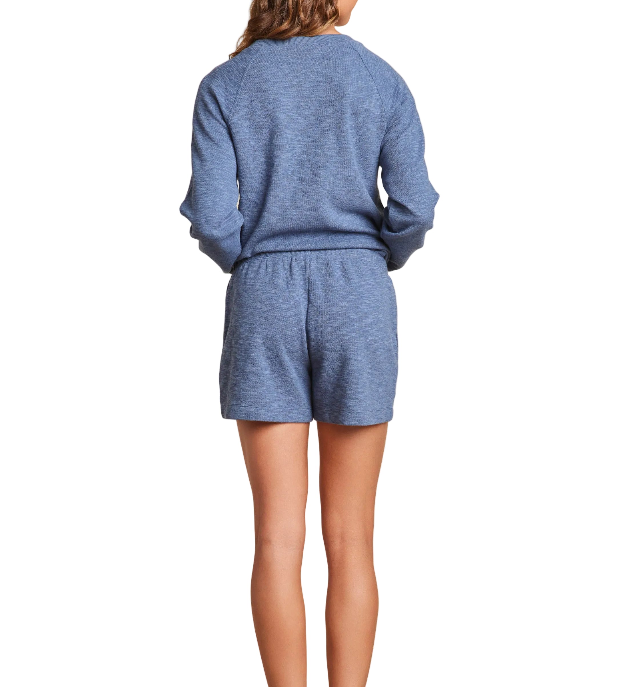 Back view of Barefoot Dreams Malibu Collection slub double-knit short in Lakeside blue, elastic waist and side pockets, available at Be Charmed.