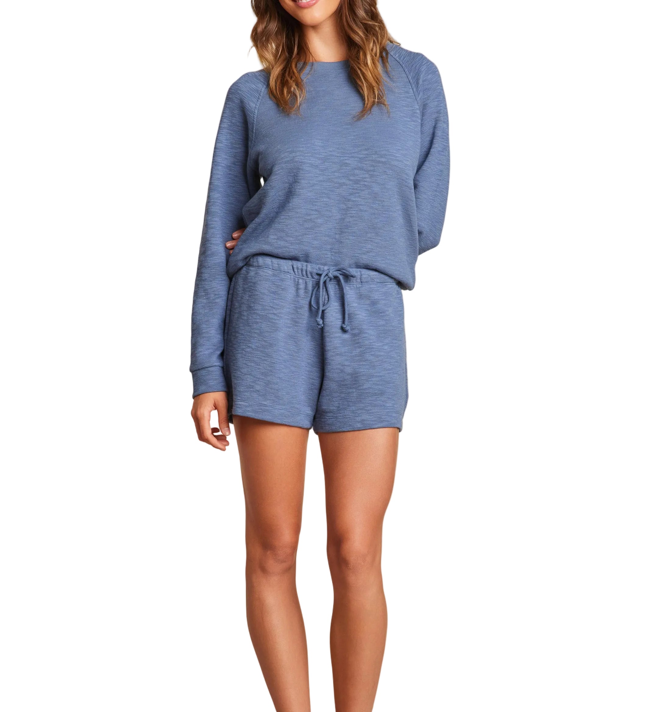Barefoot Dreams Malibu Collection slub double-knit short in Lakeside blue, elastic waist and side pockets, available at Be Charmed.