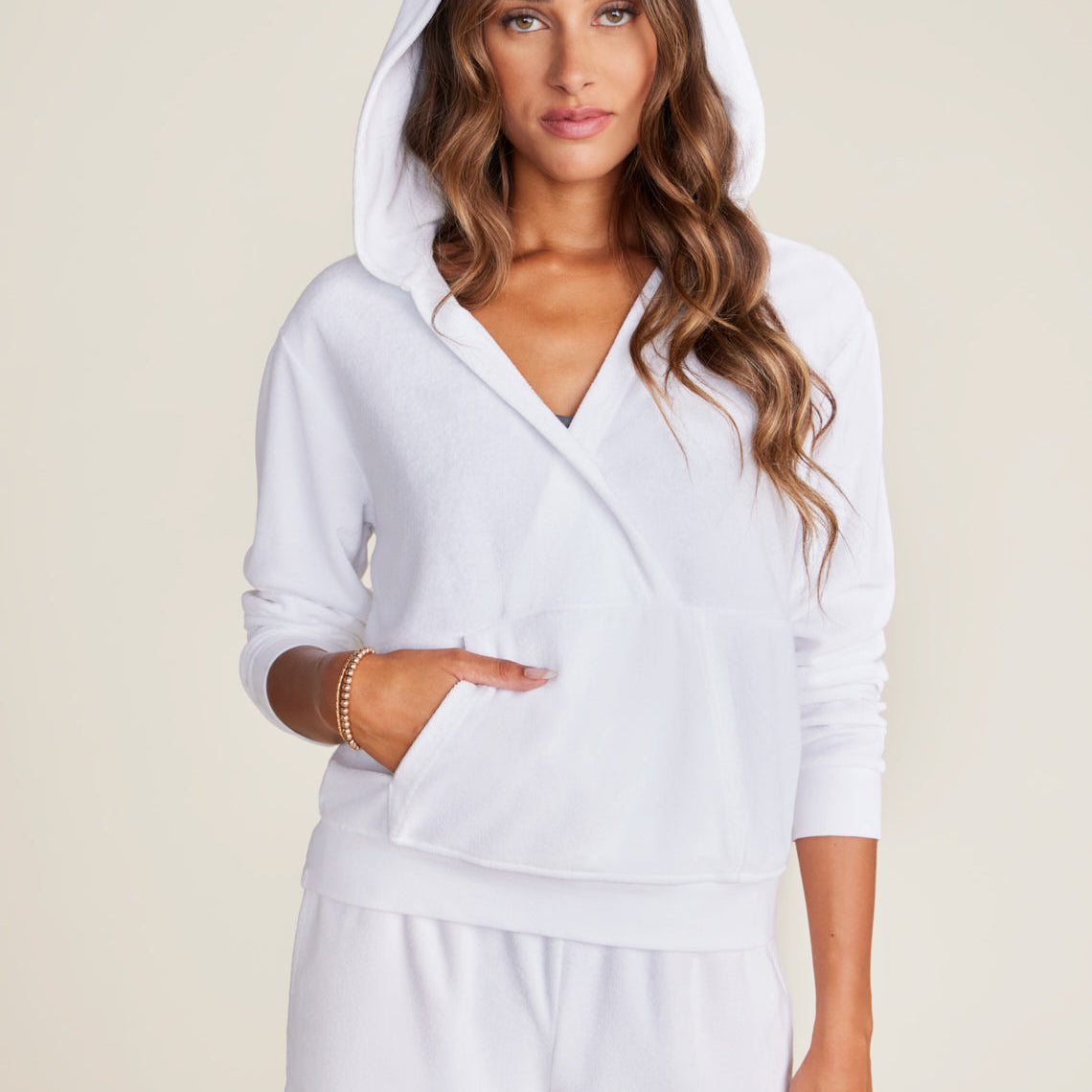 Sea Salt CozyTerry Cross Over Hoodie – soft terry-knit hoodie with crossover front, relaxed fit, and cozy hood, perfect for layering or lounging, available at Be Charmed