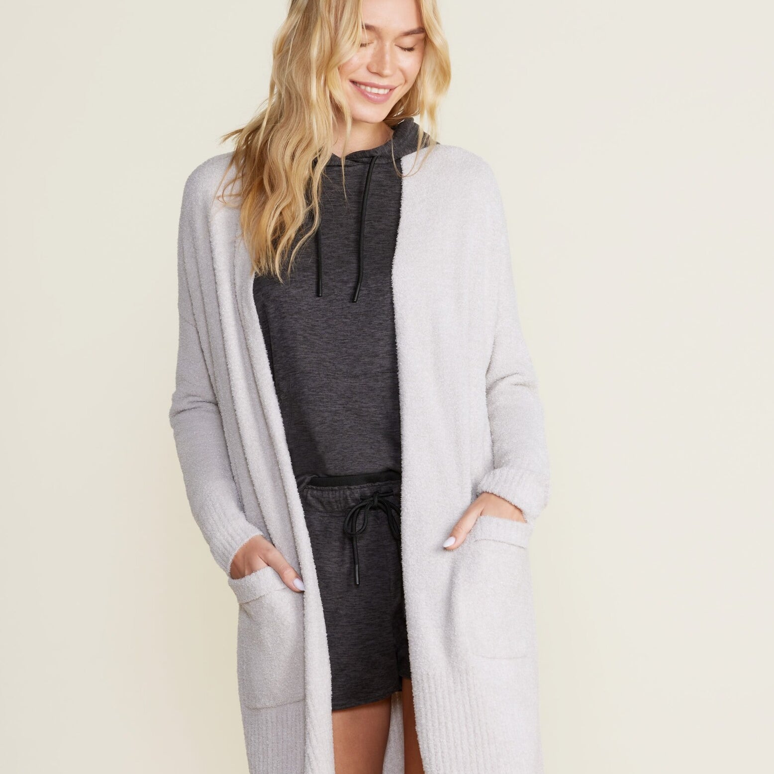 CozyChic Lite Silver Long Cardigan by Barefoot Dreams, lightweight longline cardigan wrap, available at Be Charmed