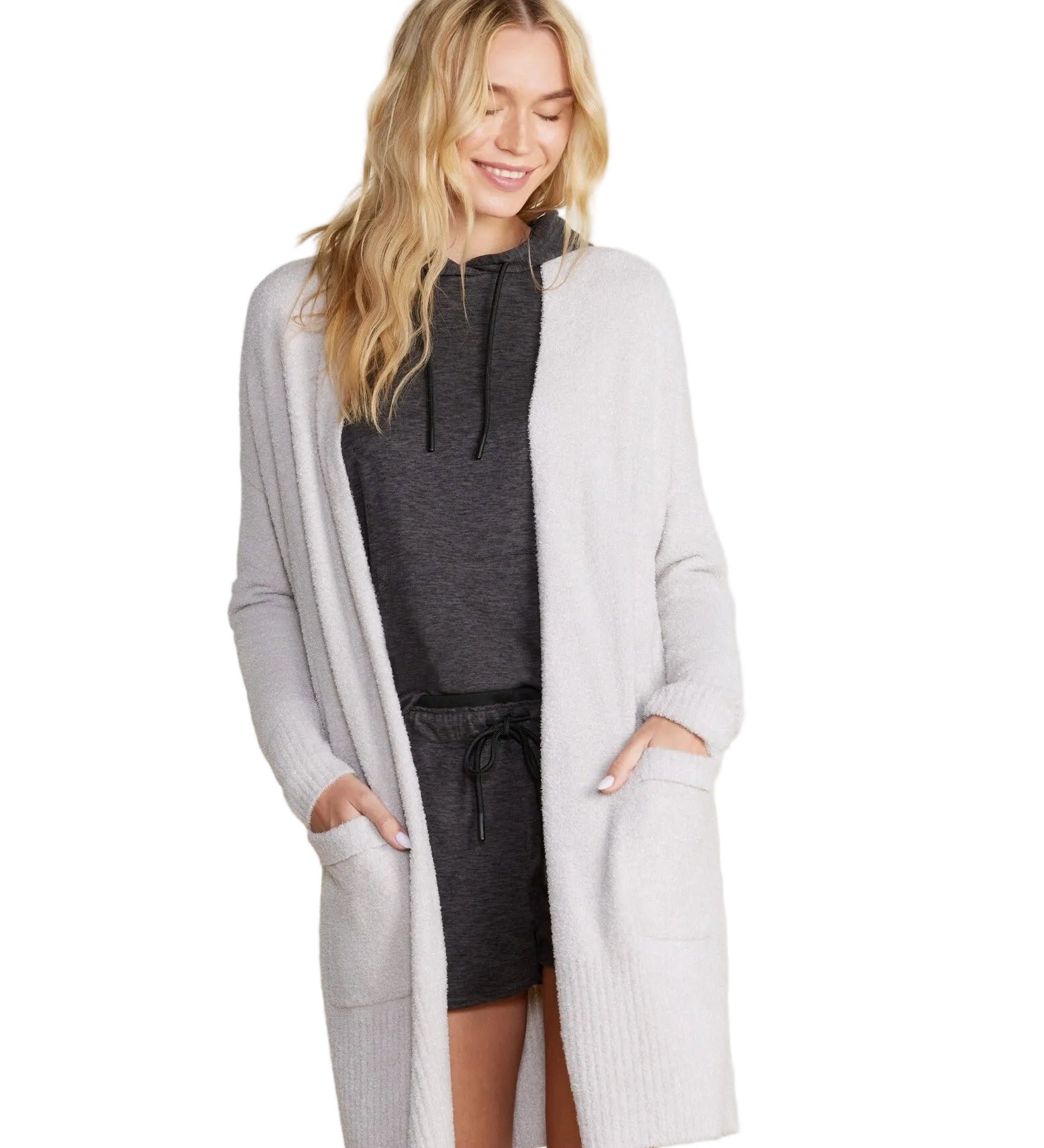 CozyChic Lite Silver Long Cardigan by Barefoot Dreams, lightweight longline cardigan wrap, available at Be Charmed