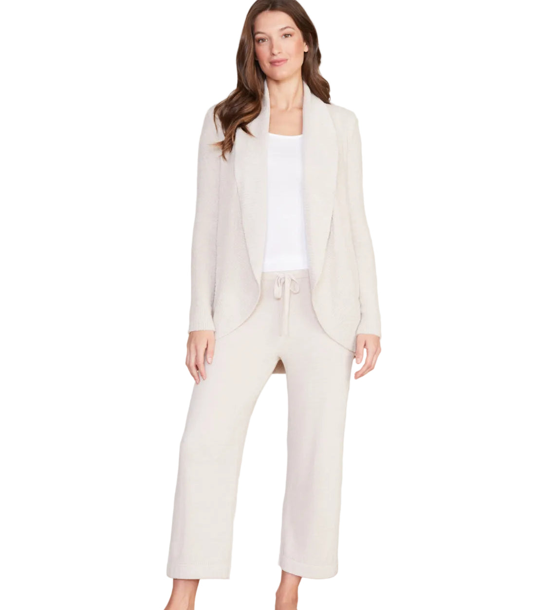 Stone Barefoot Dreams CozyChic Lite Circle Cardigan in neutral tone, open-front with ribbed shawl collar and inset pockets, available at Be Charmed.