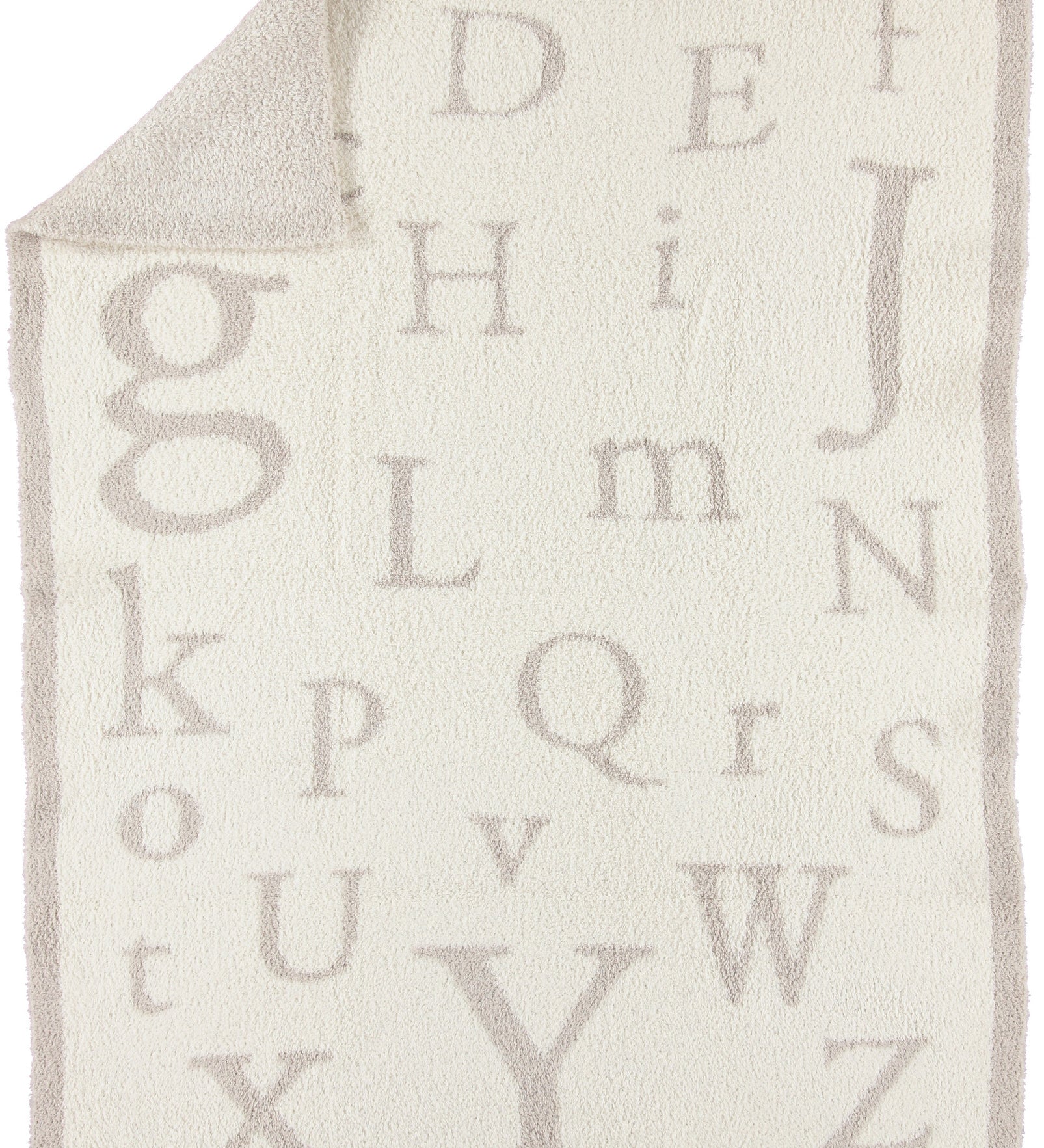 Stone/Cream ABC Baby Blanket – ultra-soft CozyChic baby blanket with alphabet design, perfect for cuddling, nursery use, or gifting, available at Be Charmed