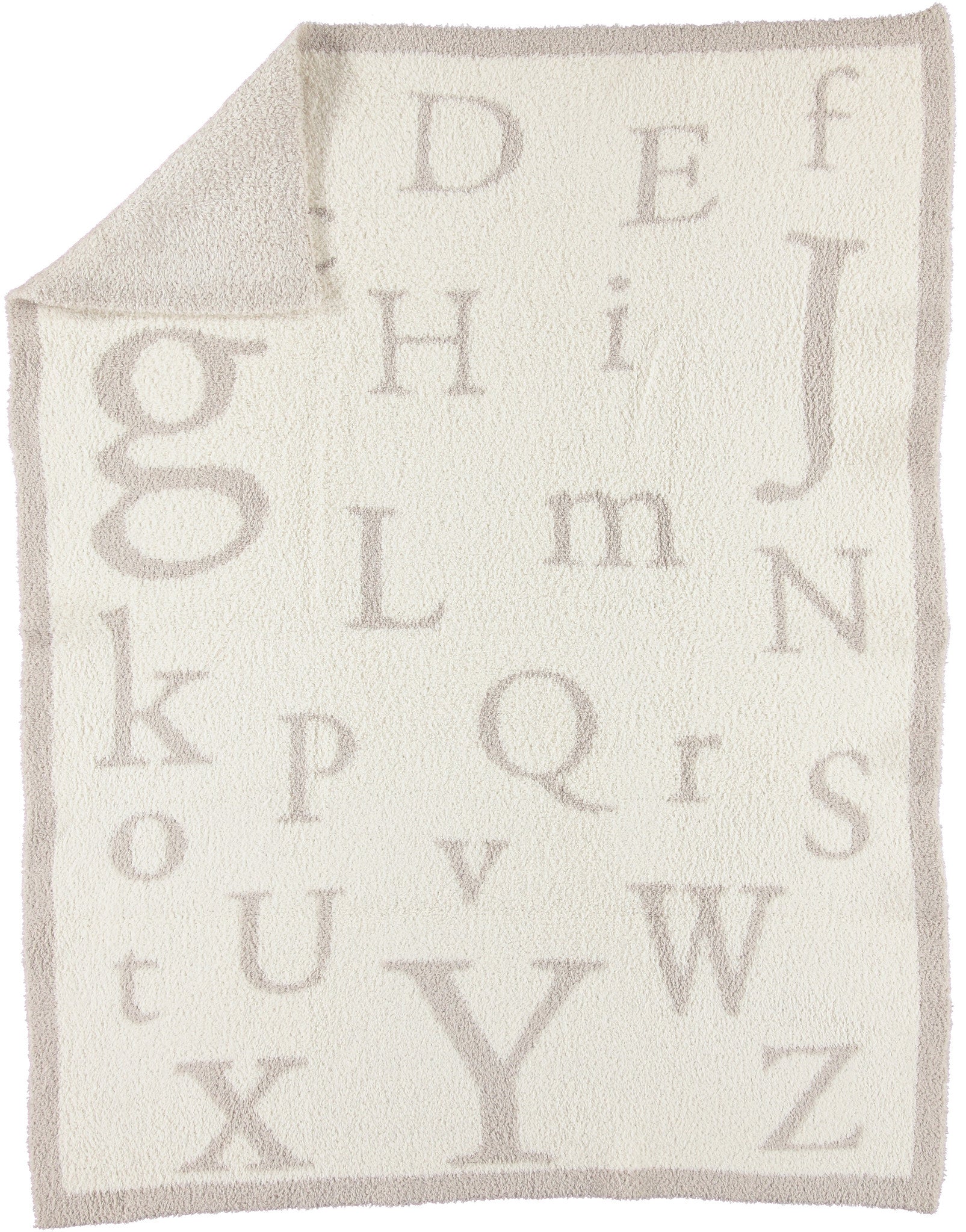 Stone/Cream ABC Baby Blanket – ultra-soft CozyChic baby blanket with alphabet design, perfect for cuddling, nursery use, or gifting, available at Be Charmed