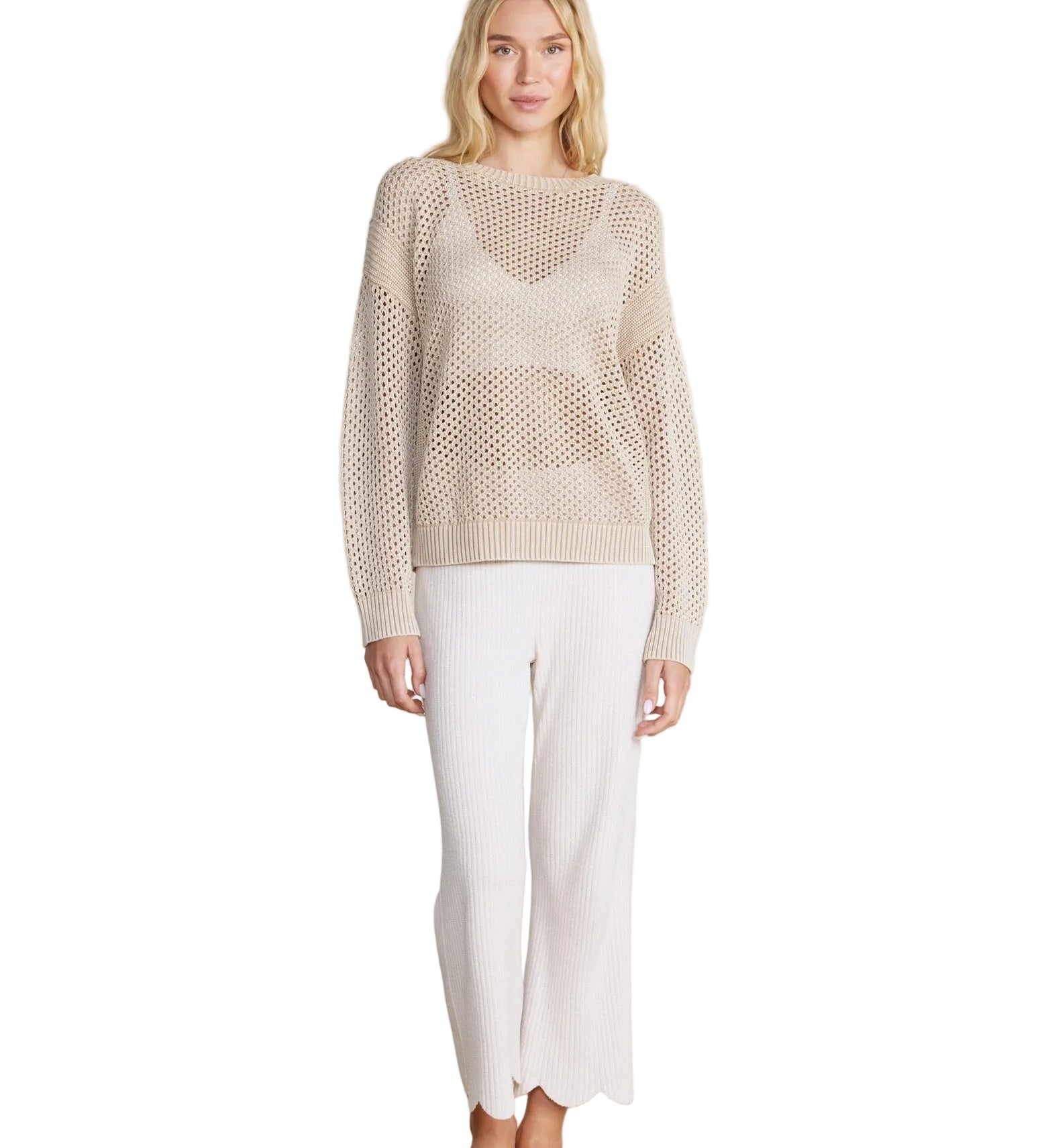 Stone Sunbleached Open Stitch Pullover by Barefoot Dreams, breathable knit sweater, available at Be Charmed