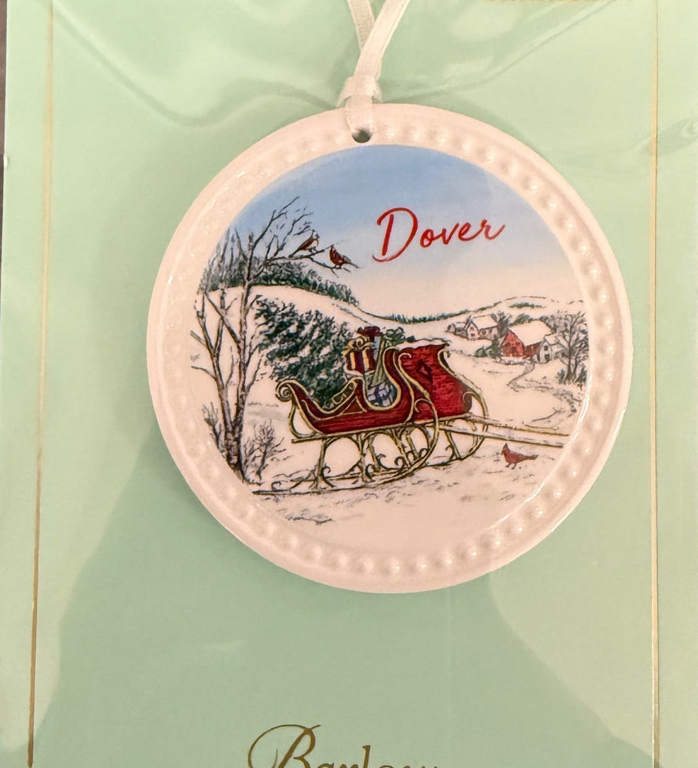 Dover Barlow Christmas Sleigh Towns Ornament – handcrafted holiday decoration for Christmas trees or gifting, available at Be Charmed.