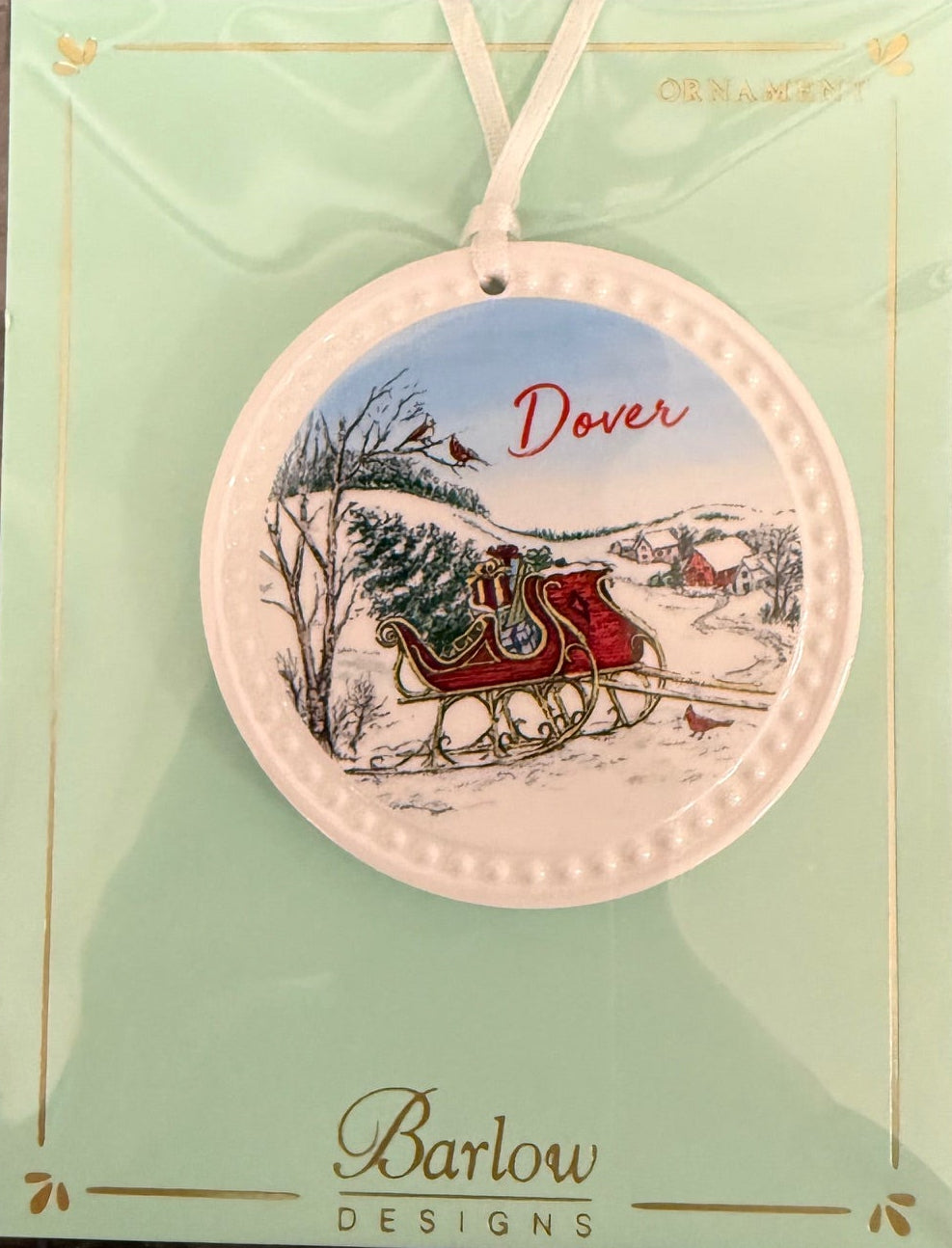 Dover Barlow Christmas Sleigh Towns Ornament – handcrafted holiday decoration for Christmas trees or gifting, available at Be Charmed.
