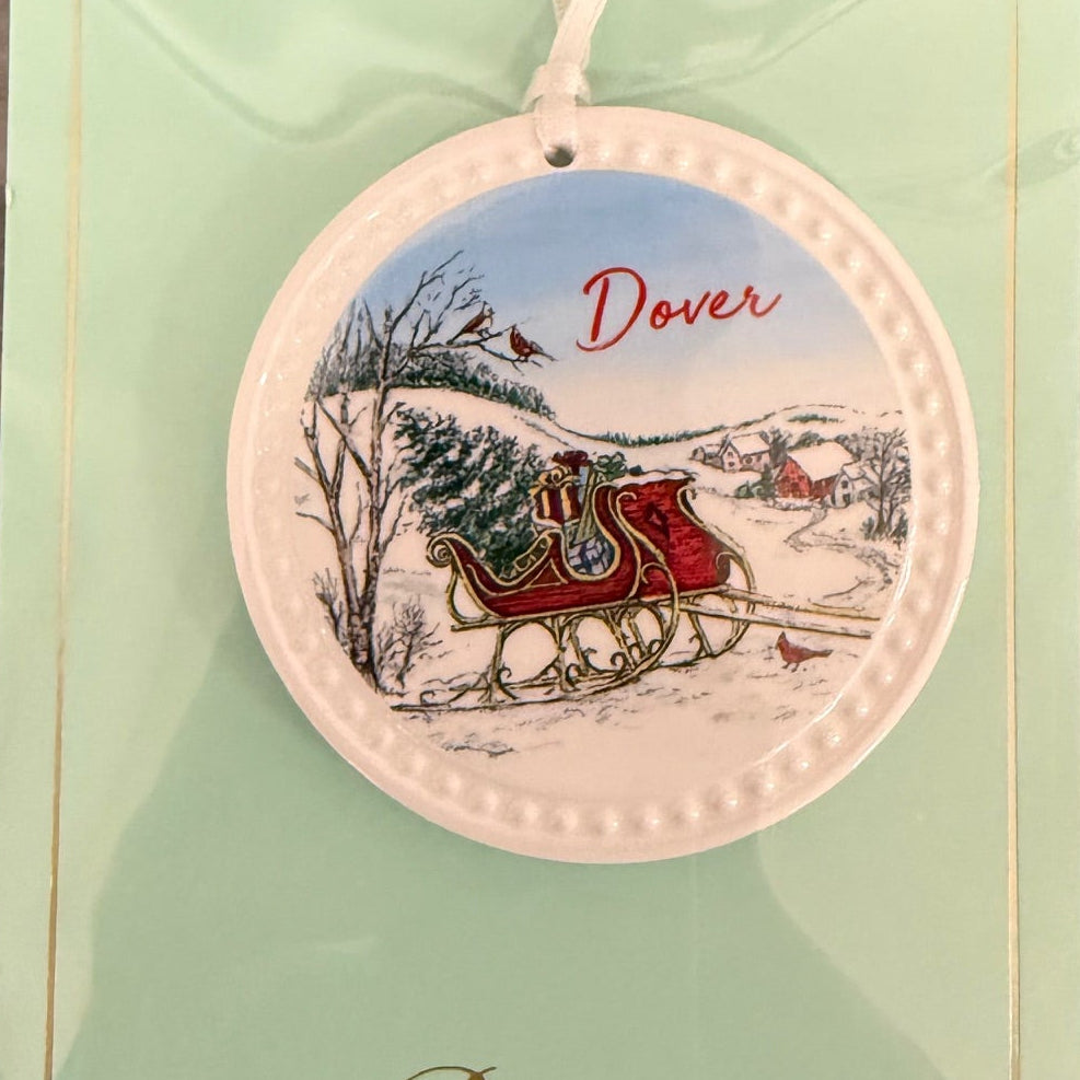 Dover Barlow Christmas Sleigh Towns Ornament – handcrafted holiday decoration for Christmas trees or gifting, available at Be Charmed.