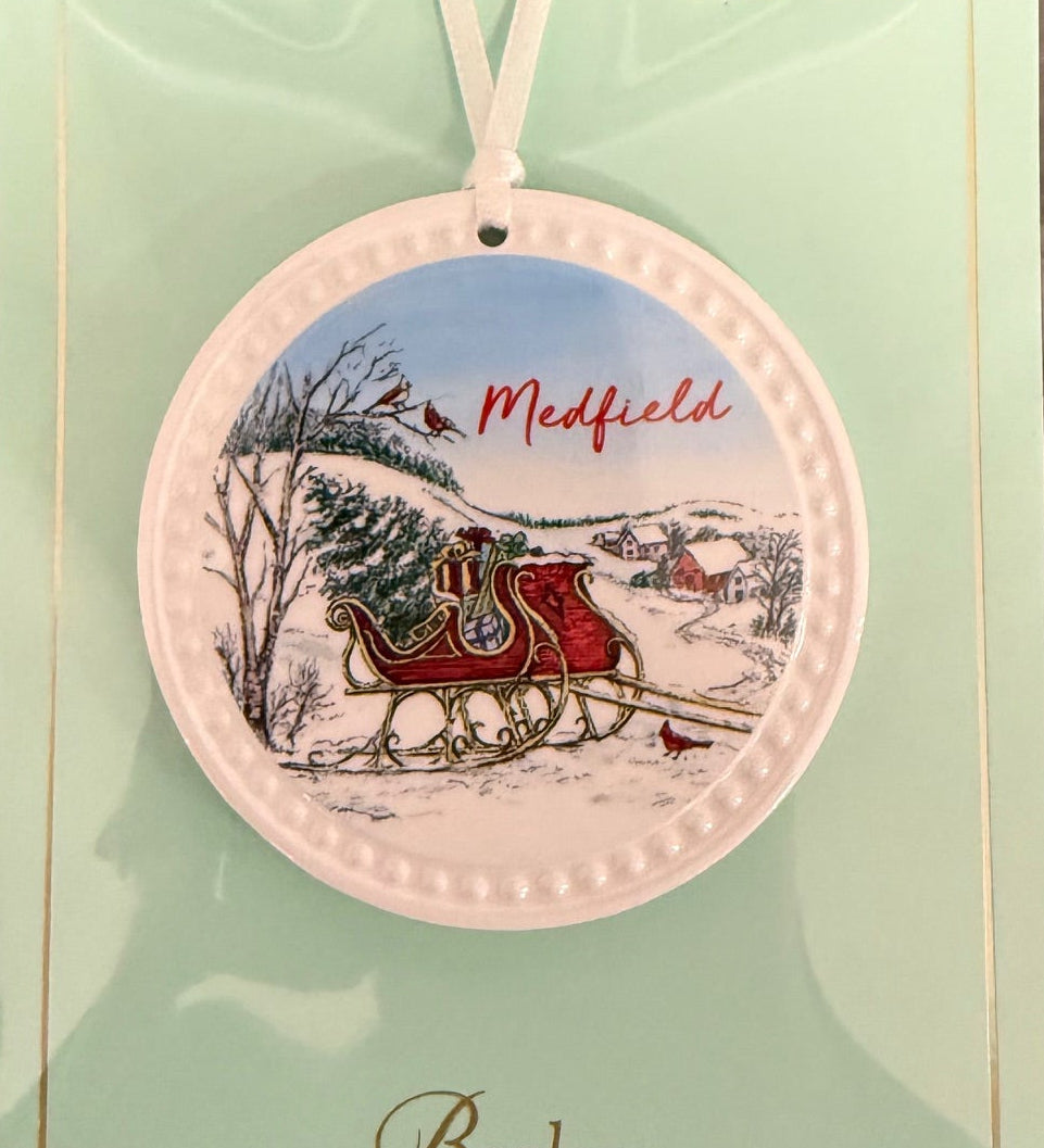 Medfiled Barlow Christmas Sleigh Towns Ornament – handcrafted holiday decoration for Christmas trees or gifting, available at Be Charmed.