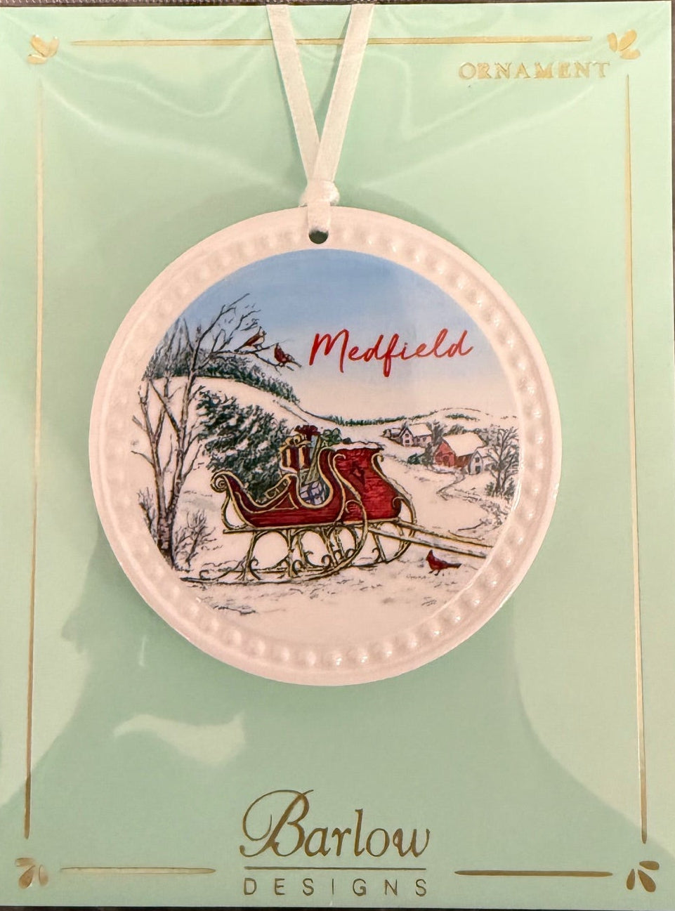 Medfiled Barlow Christmas Sleigh Towns Ornament – handcrafted holiday decoration for Christmas trees or gifting, available at Be Charmed.