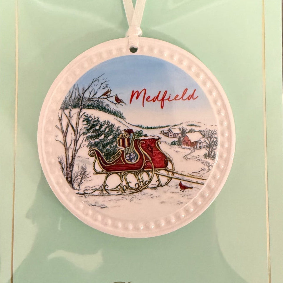Medfiled Barlow Christmas Sleigh Towns Ornament – handcrafted holiday decoration for Christmas trees or gifting, available at Be Charmed.