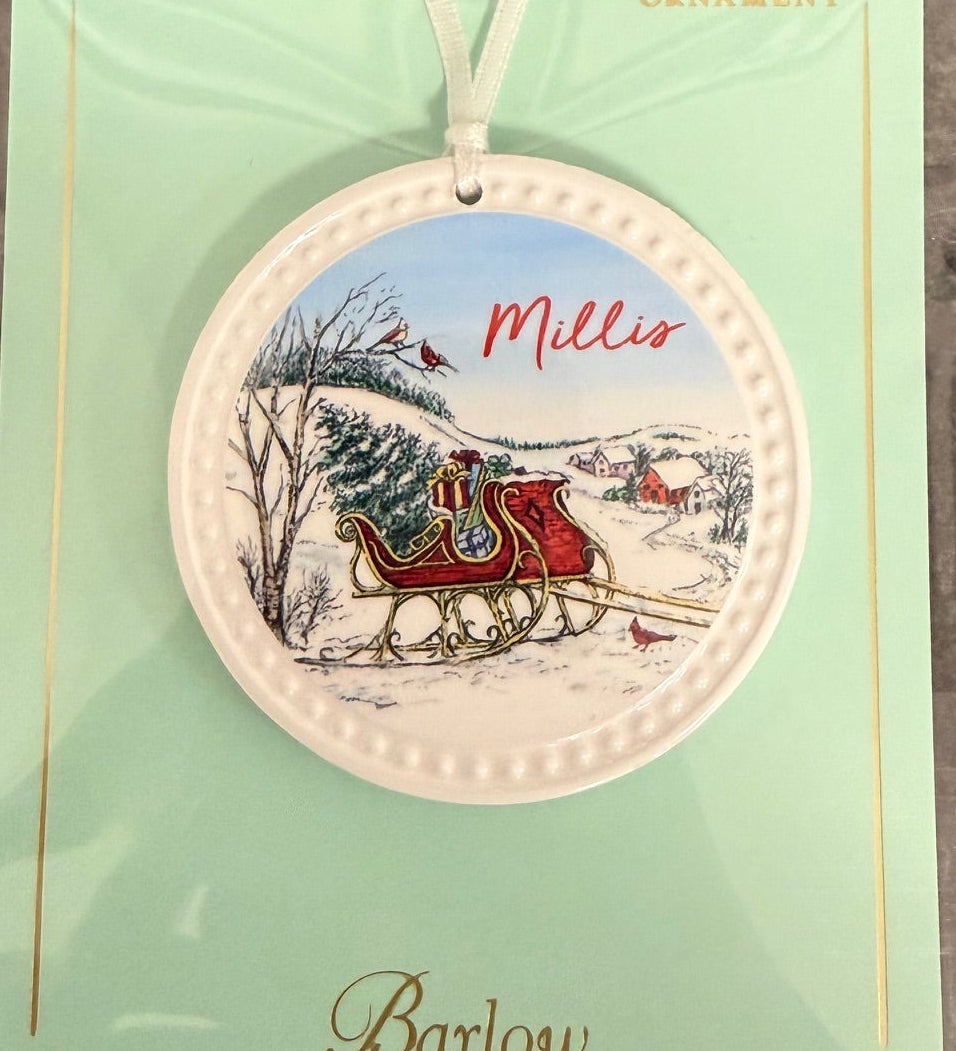 Millis Barlow Christmas Sleigh Towns Ornament – handcrafted holiday decoration for Christmas trees or gifting, available at Be Charmed.