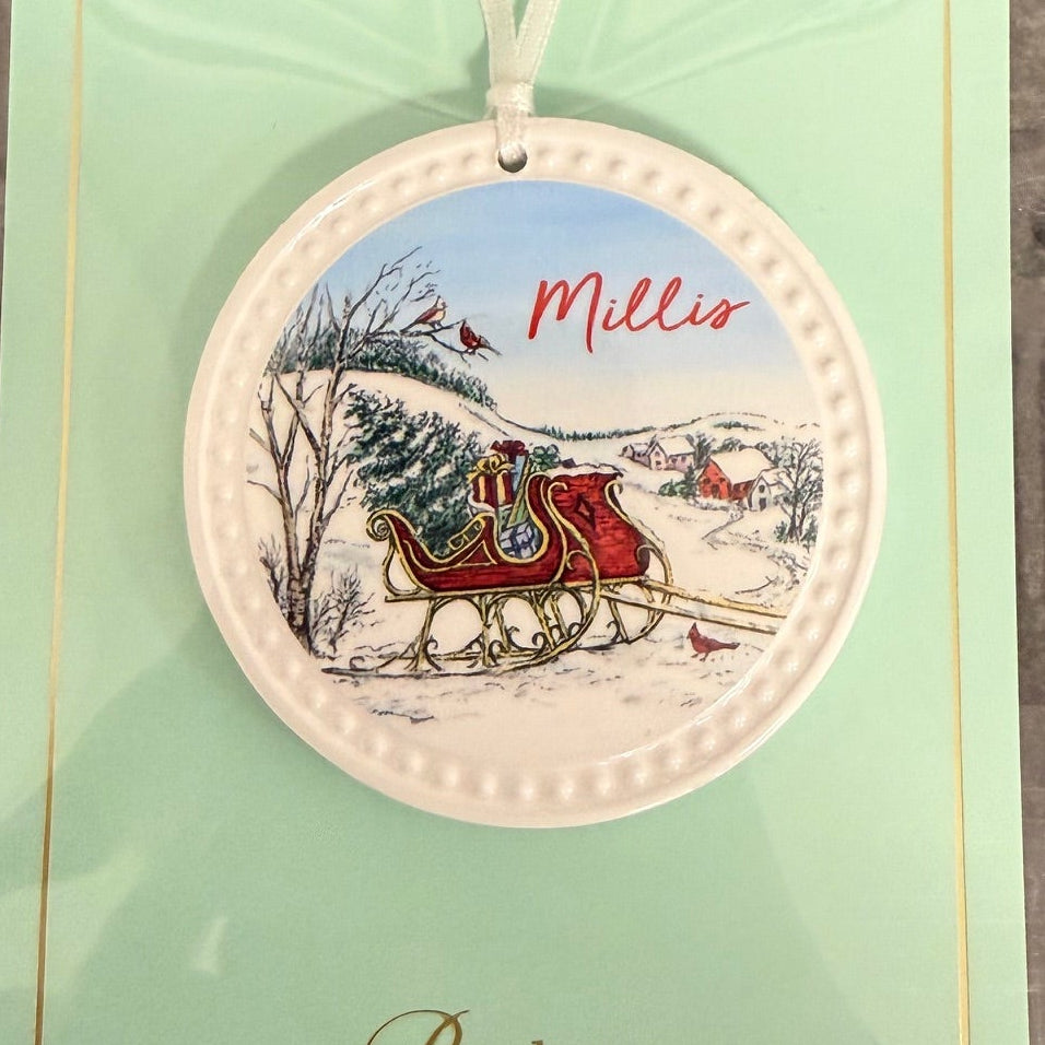 Millis Barlow Christmas Sleigh Towns Ornament – handcrafted holiday decoration for Christmas trees or gifting, available at Be Charmed.