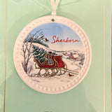 Sherborn Barlow Christmas Sleigh Towns Ornament – handcrafted holiday decoration for Christmas trees or gifting, available at Be Charmed.