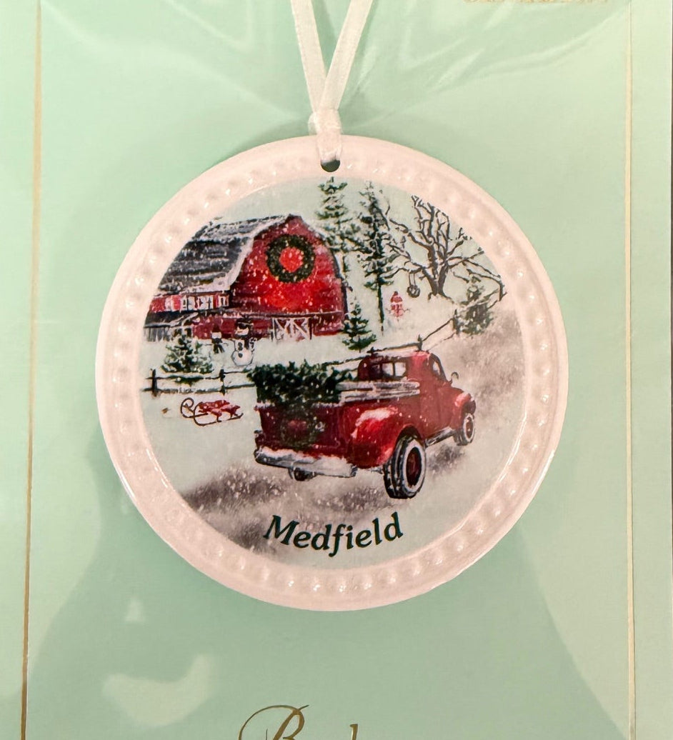 Barlow Christmas Truck Ornament – Medfield design, handcrafted holiday decoration for Christmas trees or gifting, available at Be Charmed.
