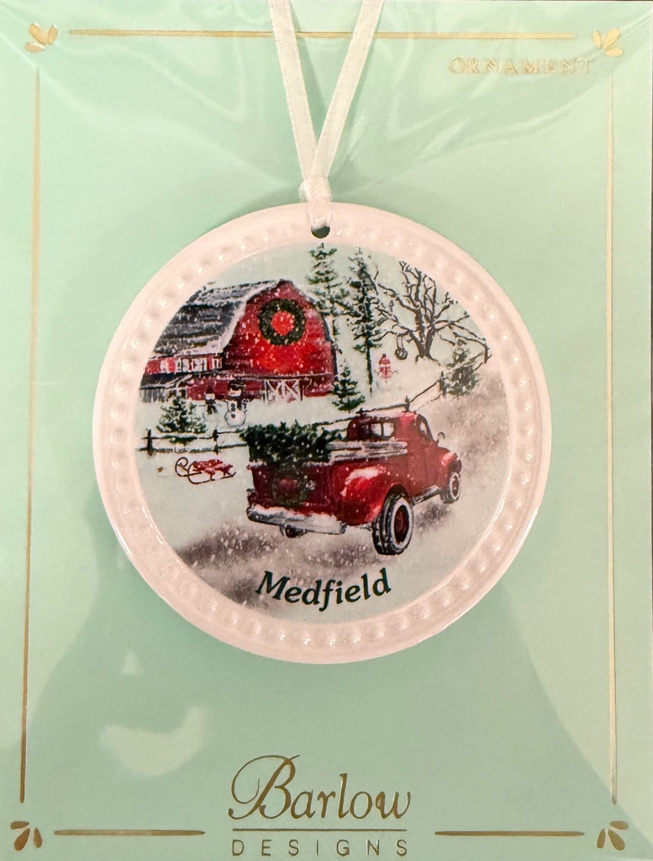 Barlow Christmas Truck Ornament – Medfield design, handcrafted holiday decoration for Christmas trees or gifting, available at Be Charmed.