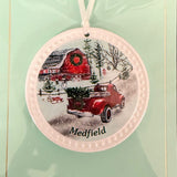 Barlow Christmas Truck Ornament – Medfield design, handcrafted holiday decoration for Christmas trees or gifting, available at Be Charmed.