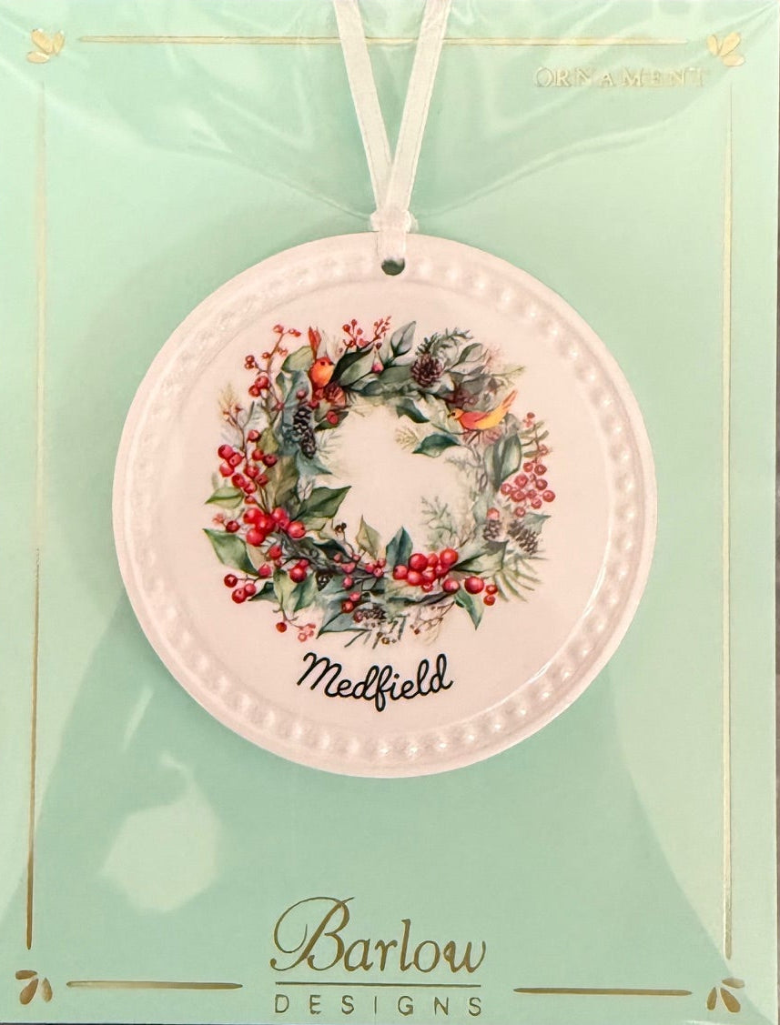 Barlow Holiday Bird Wreath Ornament – Medfield design, handcrafted decoration for Christmas trees or gifting, available at Be Charmed.