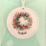Barlow Holiday Bird Wreath Ornament – Medfield design, handcrafted decoration for Christmas trees or gifting, available at Be Charmed.