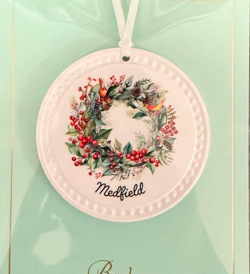 Barlow Holiday Bird Wreath Ornament – Medfield design, handcrafted decoration for Christmas trees or gifting, available at Be Charmed.