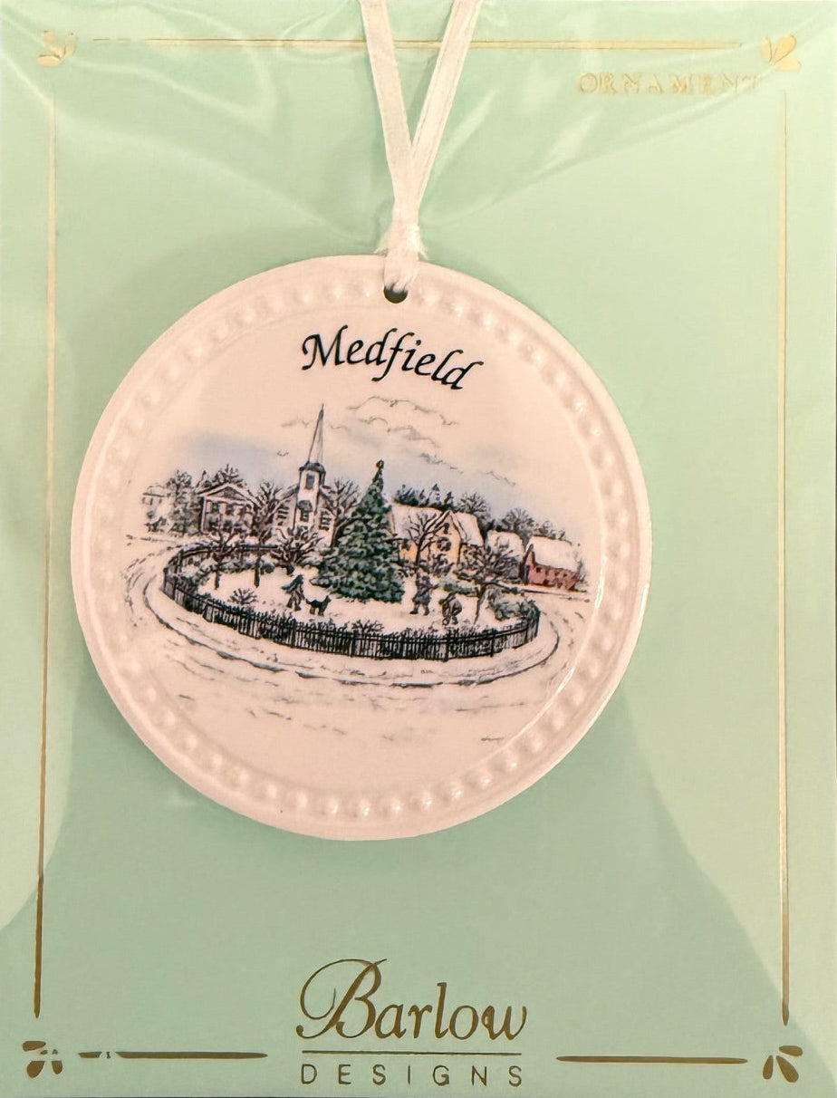 Barlow Village Green Ornament – handcrafted holiday decoration with Medfield design for Christmas trees or gifting, available at Be Charmed.