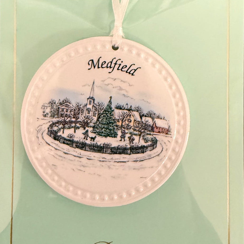Barlow Village Green Ornament – handcrafted holiday decoration with Medfield design for Christmas trees or gifting, available at Be Charmed.