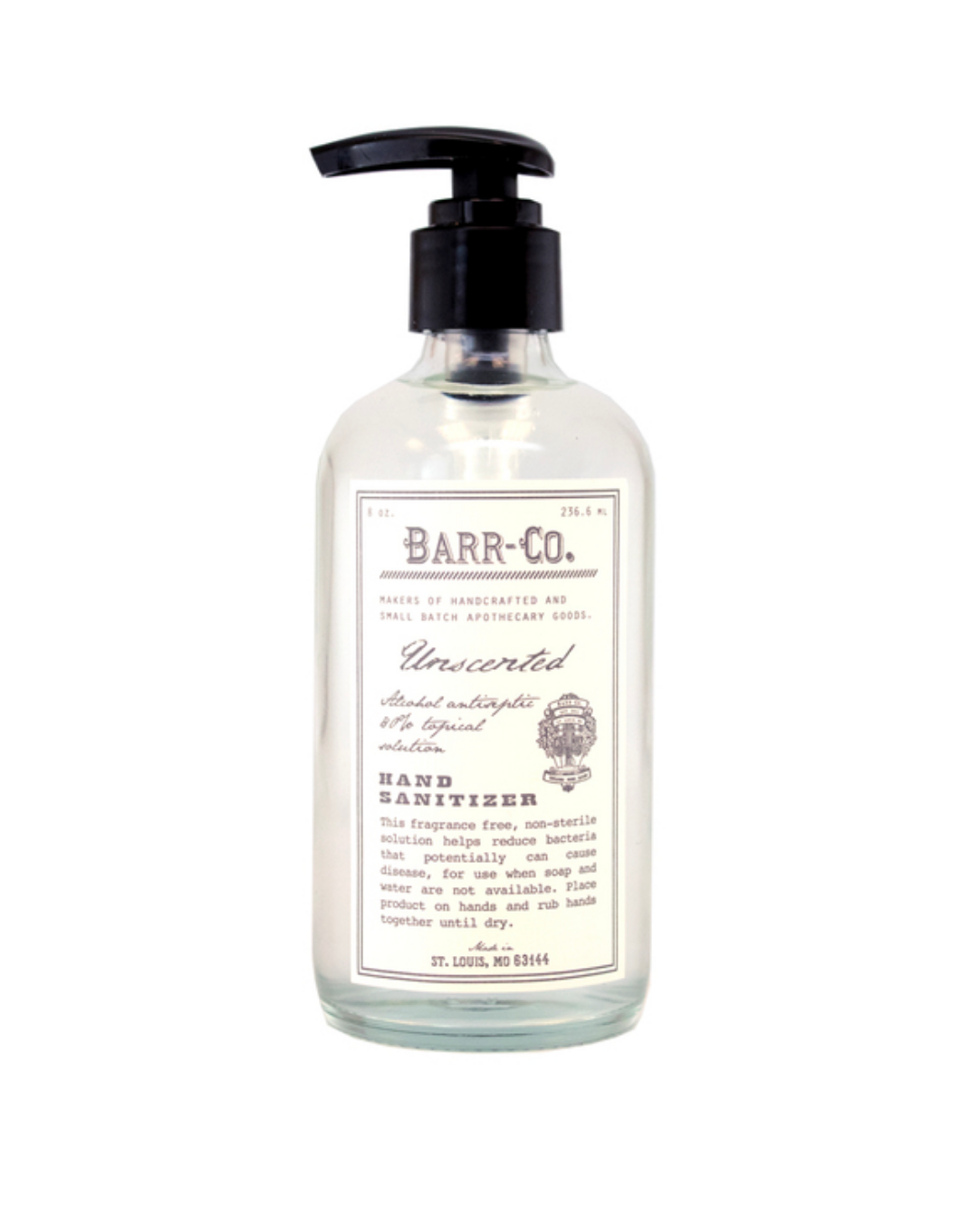Barr Co 8oz Unscented Hand Sanitizer in a glass pump bottle, featuring an 80% alcohol formula, available at Be Charmed