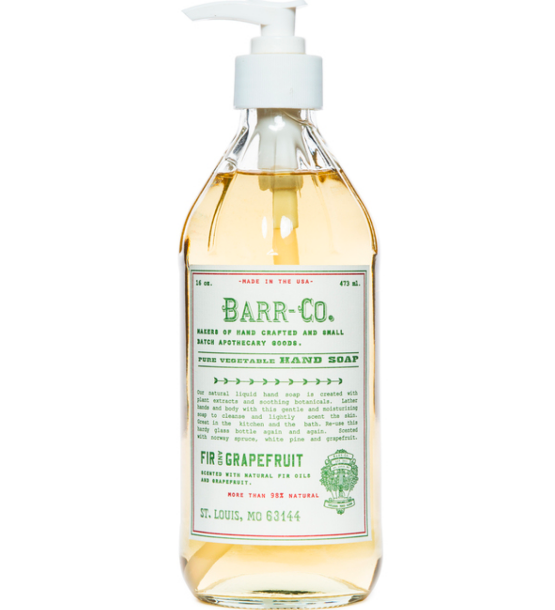  Barr-Co Fir & Grapefruit Hand Soap in a 16oz glass pump bottle, featuring a refreshing citrus and woodsy scent, available at Be Charmed