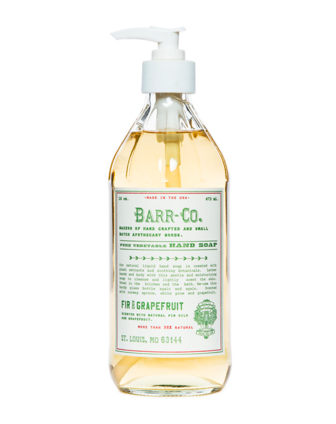  Barr-Co Fir & Grapefruit Hand Soap in a 16oz glass pump bottle, featuring a refreshing citrus and woodsy scent, available at Be Charmed
