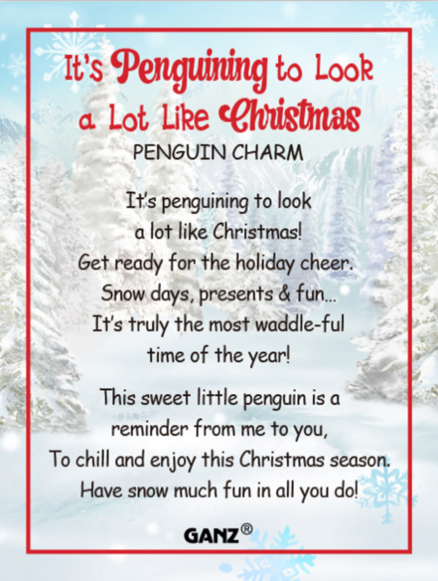 Holiday sentiment card for an adorable Ganz penguin charm token. Available at Be Charmed 