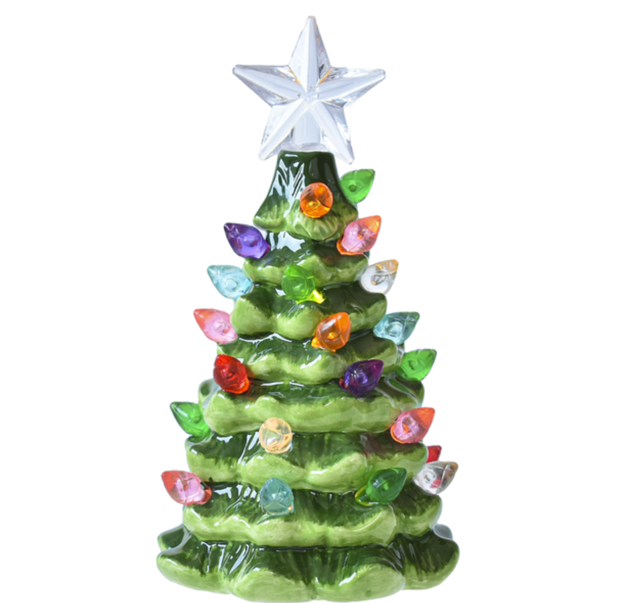 Decorative Christmas tree figurine with colorful lights and a star on a white background. Available at Be Charmed