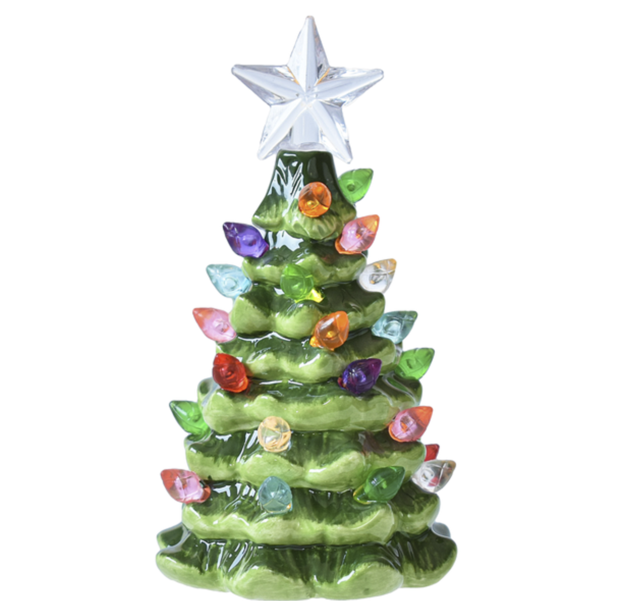 Decorative Christmas tree figurine with colorful lights and a star on a white background. Available at Be Charmed