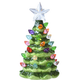 Decorative Christmas tree figurine with colorful lights and a star on a white background. Available at Be Charmed