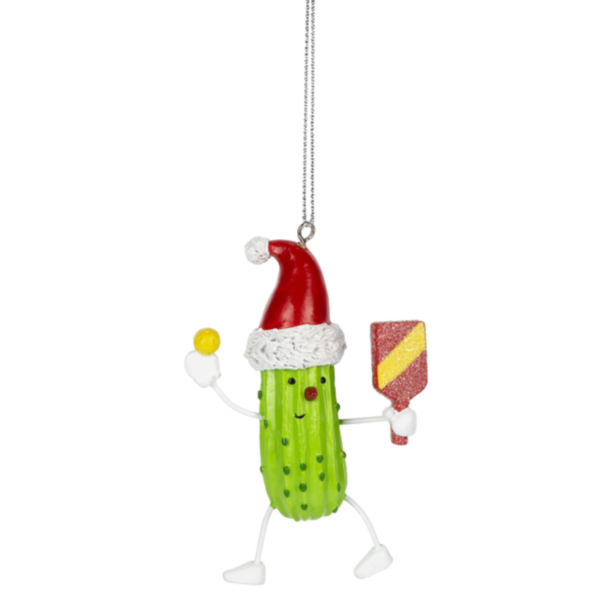 Christmas pickleball ornament with a Santa hat on a white background. Available at Be Charmed