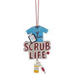 A Ganz "Scrub Life" Christmas ornament featuring detailed resin medical scrubs, a stethoscope, and a medical chart.