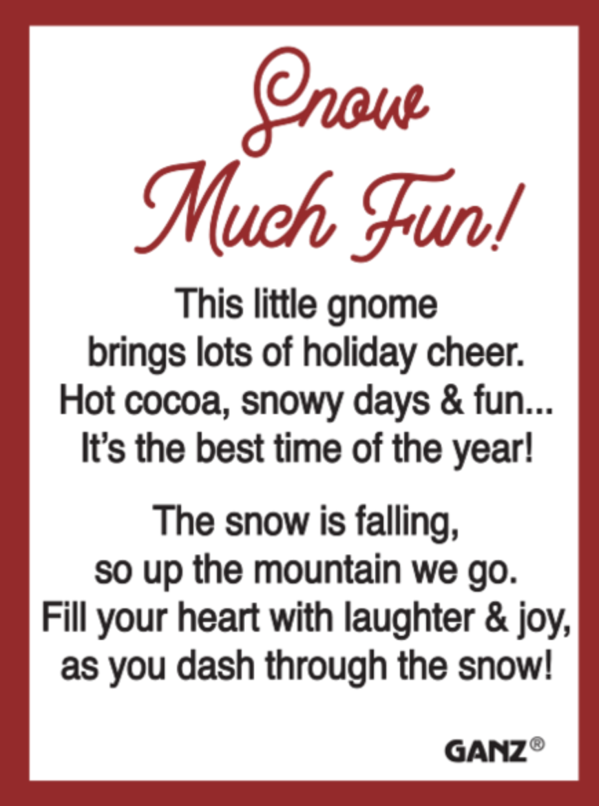 Card for ssorted Ganz Snow Much Fun Gnome charms including a gnome with hot cocoa and a gnome on skis. Available at Be Charmed