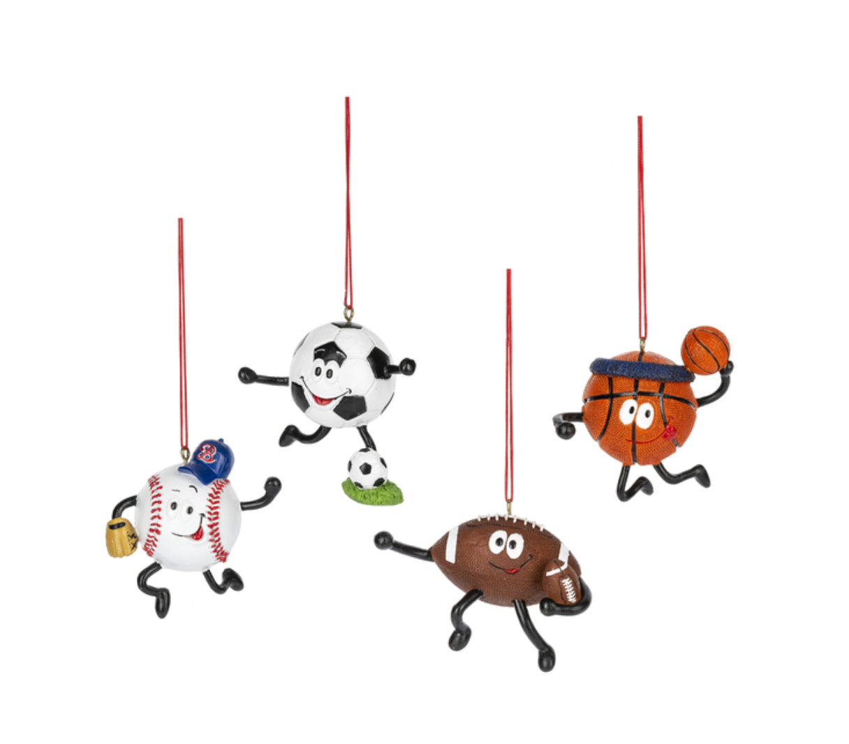 Sports-themed Christmas ornaments on a white background. Available at Be Charmed