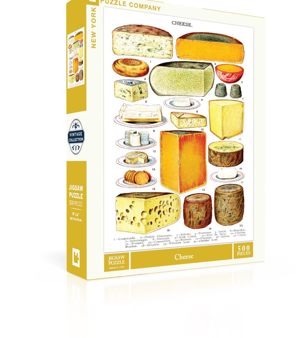 New York Puzzle Co Cheese 500 piece jigsaw puzzle featuring a vintage illustrated European cheese chart available at Be Charmed