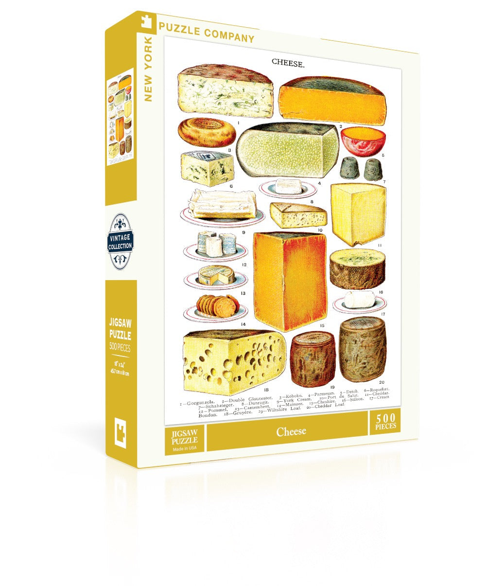 New York Puzzle Co Cheese 500 piece jigsaw puzzle featuring a vintage illustrated European cheese chart available at Be Charmed