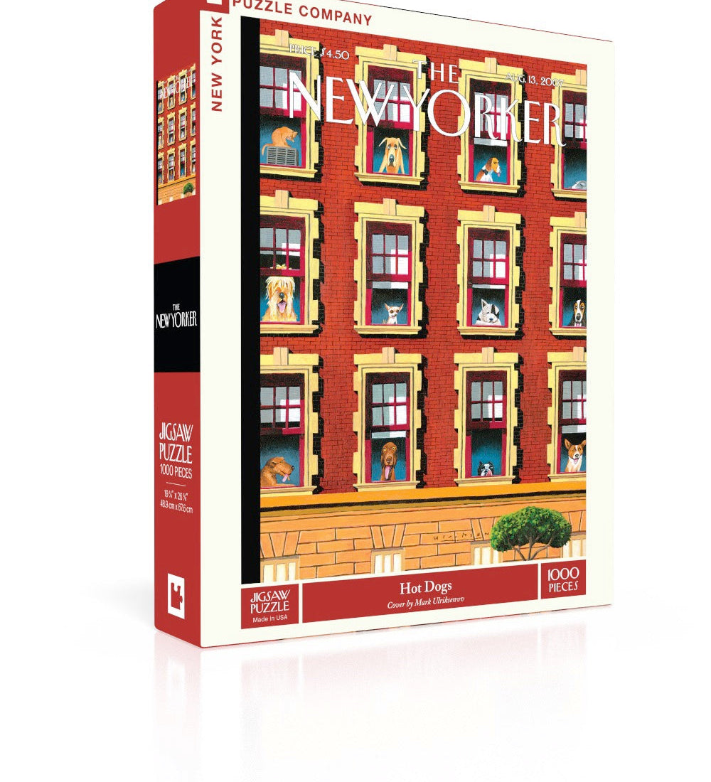 New York Puzzle Co Hot Dogs 1000 piece jigsaw puzzle featuring an illustrated apartment window scene of dogs available at Be Charmed