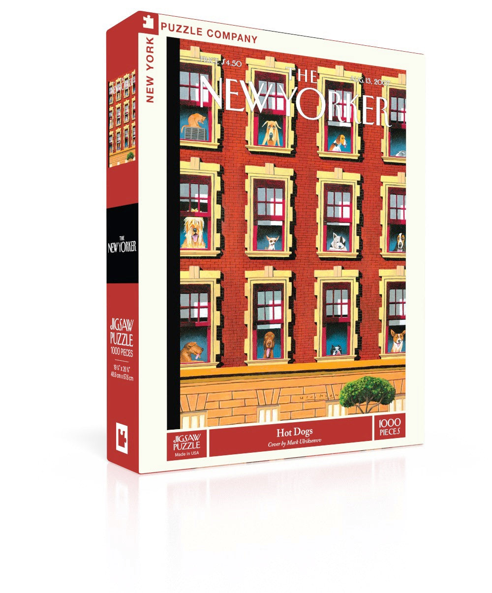 New York Puzzle Co Hot Dogs 1000 piece jigsaw puzzle featuring an illustrated apartment window scene of dogs available at Be Charmed
